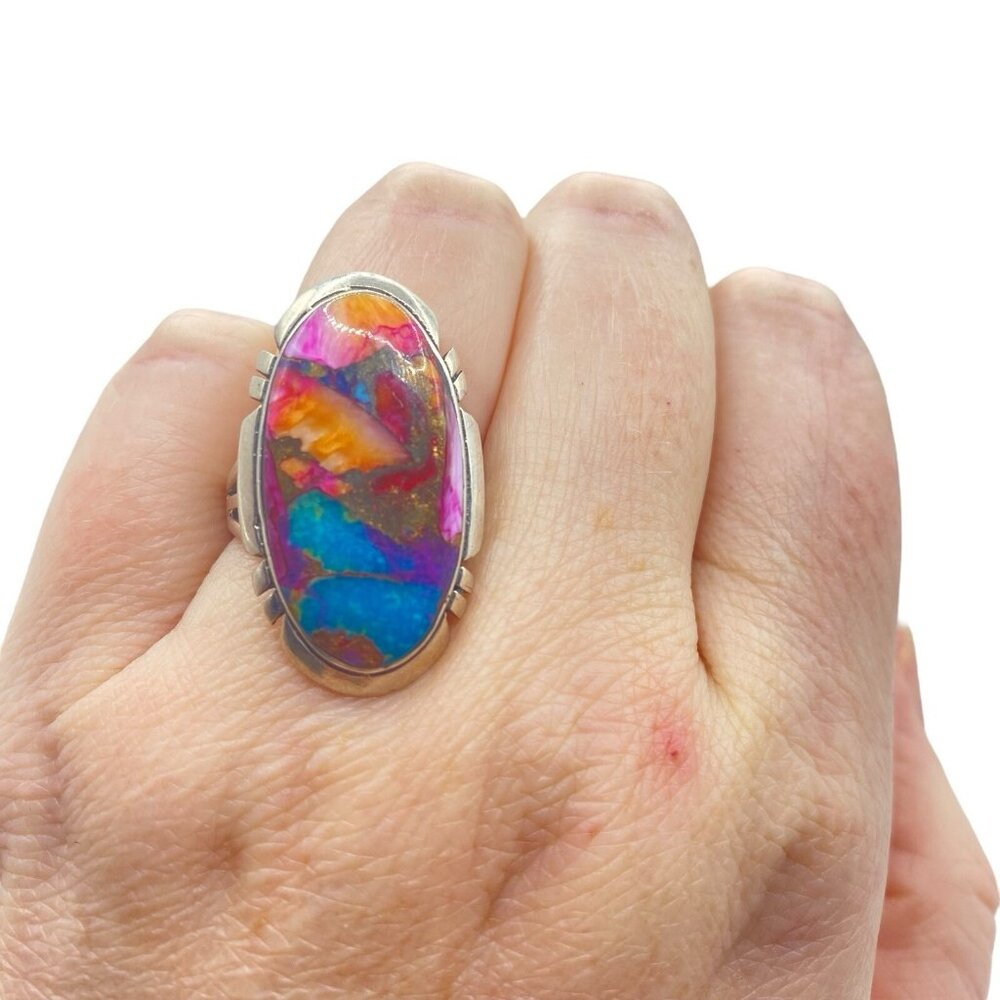 Sterling Silver 925 Rainbow Spiny Oyster Ring Size 8 Southwestern T Philippines
